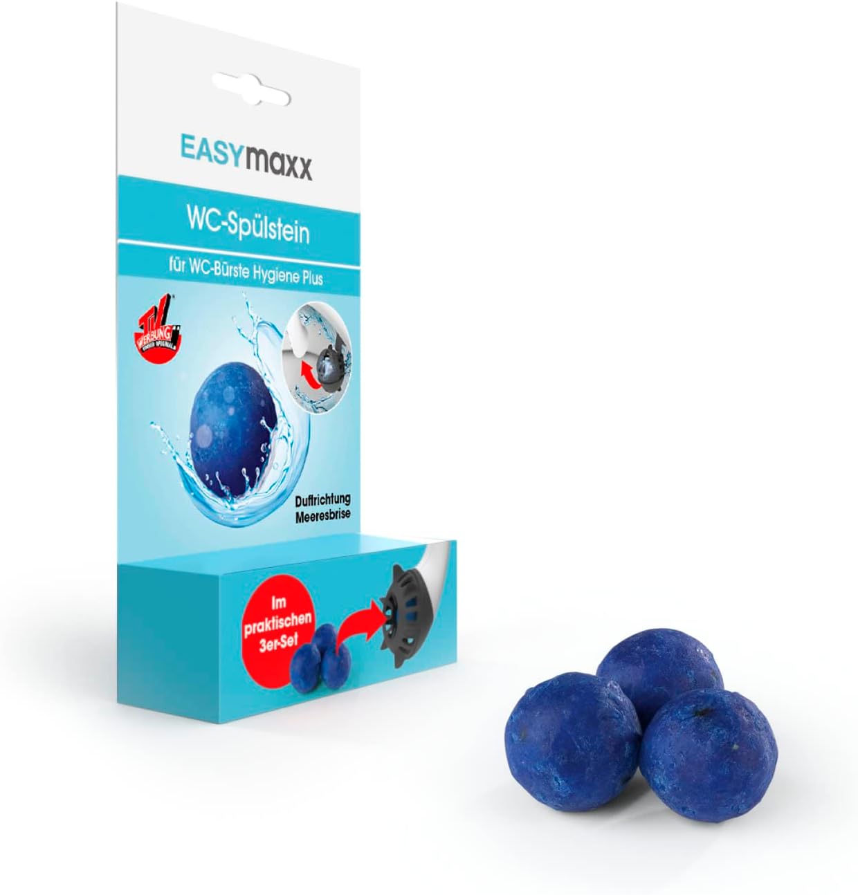 EASYmaxx Toilettenstein für WC-Bürste 3er-Set | WC Stein Toiletten Reiniger extra Frisch | 2 in 1 klick-Funktion Volle Power Hygiene Formel | Frische Duft [Reinigungs Kugeln Blau]
