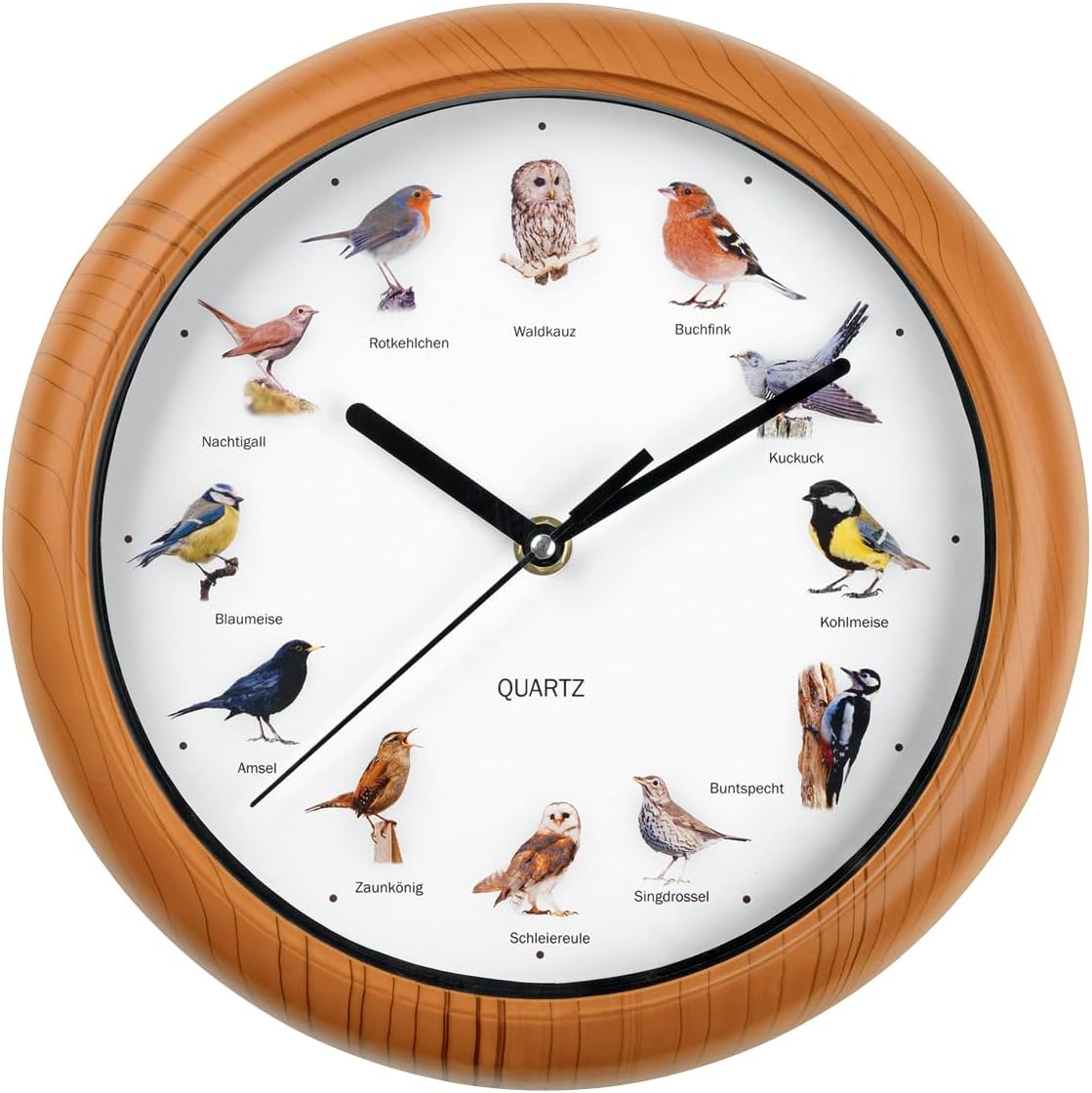 EASYmaxx Wanduhr mit 12 Singvogelgesang mit naturgetreuen Vogelmotiven | Automatische Abschaltung zwischen 21 und 5 Uhr | Rahmen Holzoptik [Batterien Typ AA erforderlich] — Ansicht 4