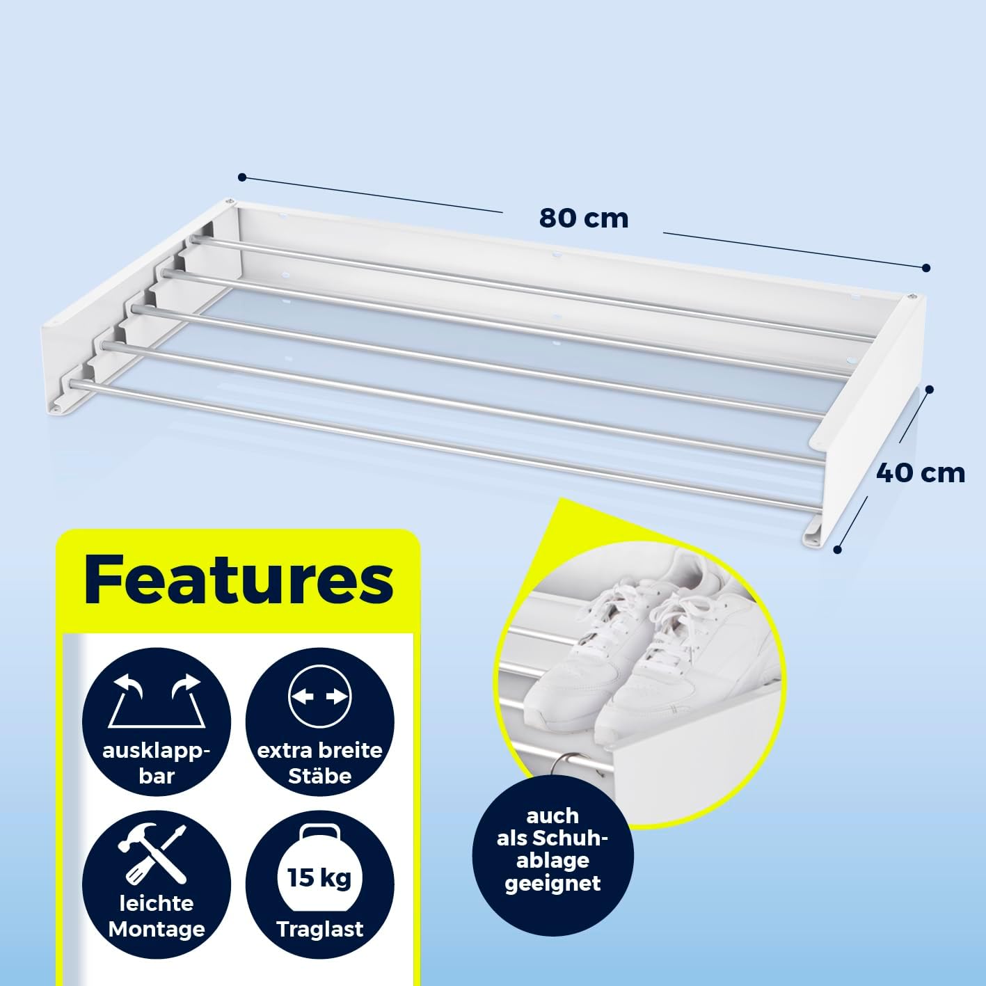 EASYmaxx Wandwäschetrockner 400 | Wandtrockner – platzsparend & ausziehbar | 80 cm x 40 cm x 10,5 cm | 4m Trockenlänge | Wäscheständer für stromloses Trocknen drinnen und draußen — Ansicht 5