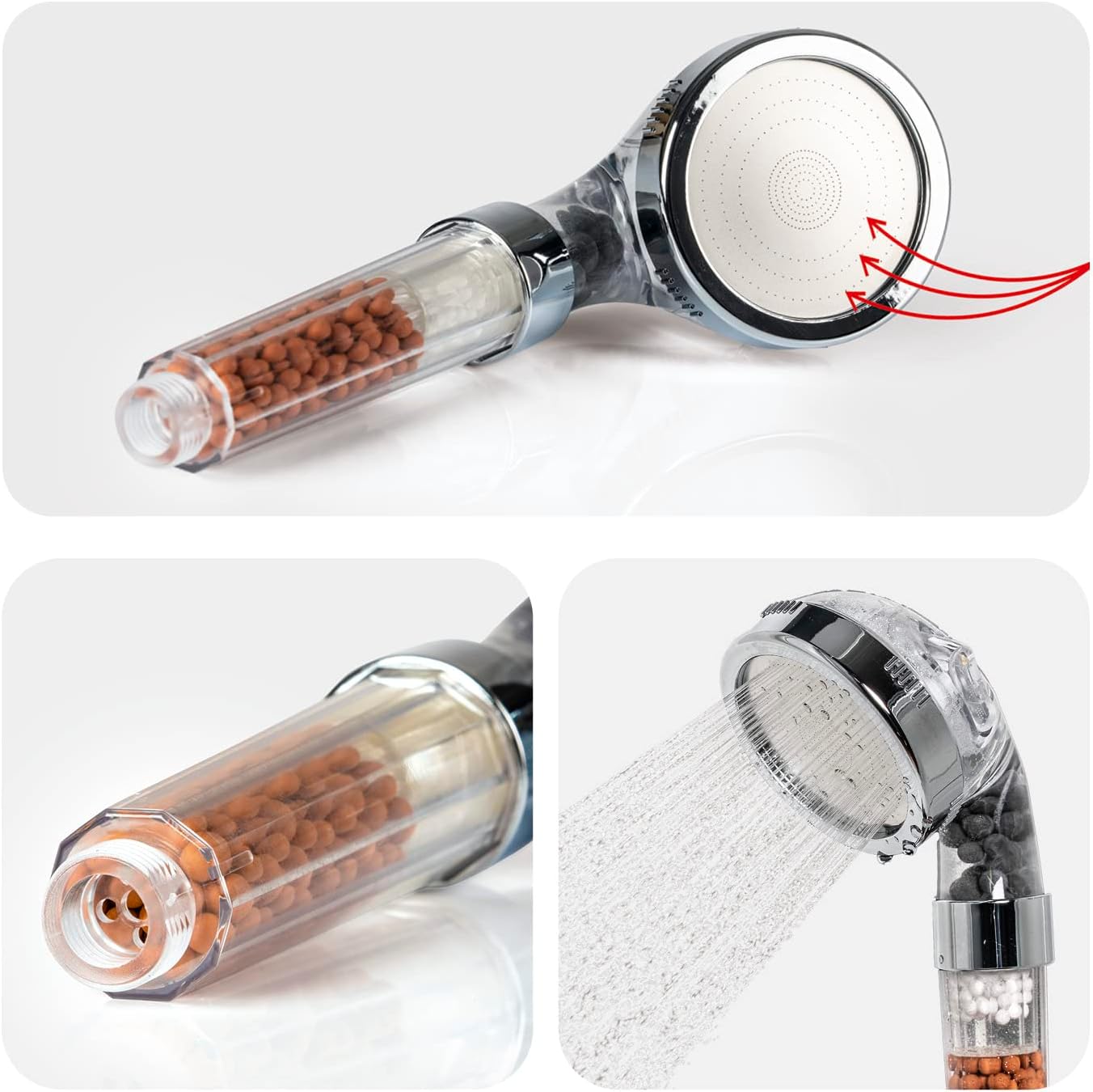 EASYmaxx Wellness-Duschkopf mit Mineralperlen & 3 Wasserstrahl-Modi | Spart 30% Wasser bei ca. 50% mehr Wasserdruck | 344 Mikrodüsen, natürliche Wasserfilterfunktion, für alle 1/2 Zoll Anschlüsse — Ansicht 3