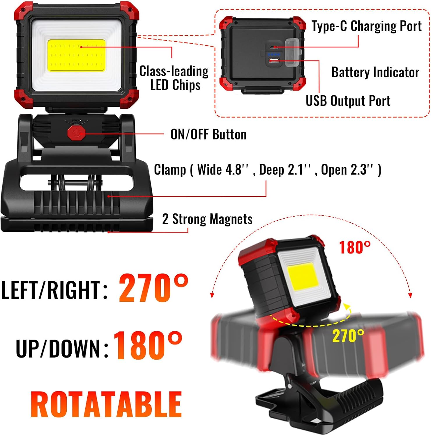 EASYMAXX Wiederaufladbare LED-Arbeitsleuchte mit Klemme, 2100 lm COB, magnetisch, zum Anklipsen, 270 ° drehbar, mit mobilem Ladegerät, tragbare Klemm-Arbeitsleuchte für Boote, Autoreparatur — Ansicht 5