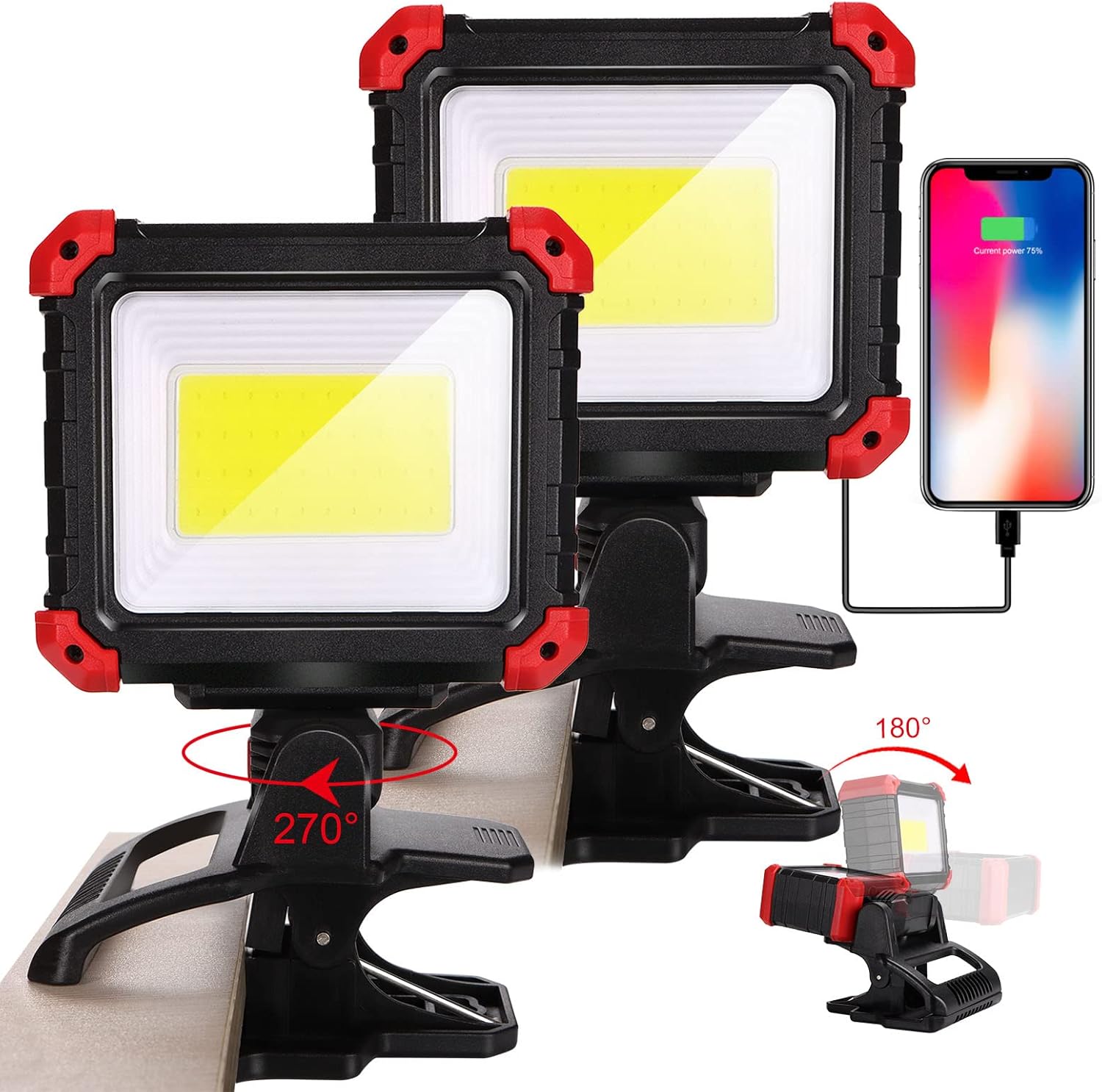 EASYMAXX Wiederaufladbare LED-Arbeitsleuchte mit Klemme, 2100 lm COB, magnetisch, zum Anklipsen, 270 ° drehbar, mit mobilem Ladegerät, tragbare Klemm-Arbeitsleuchte für Boote, Autoreparatur