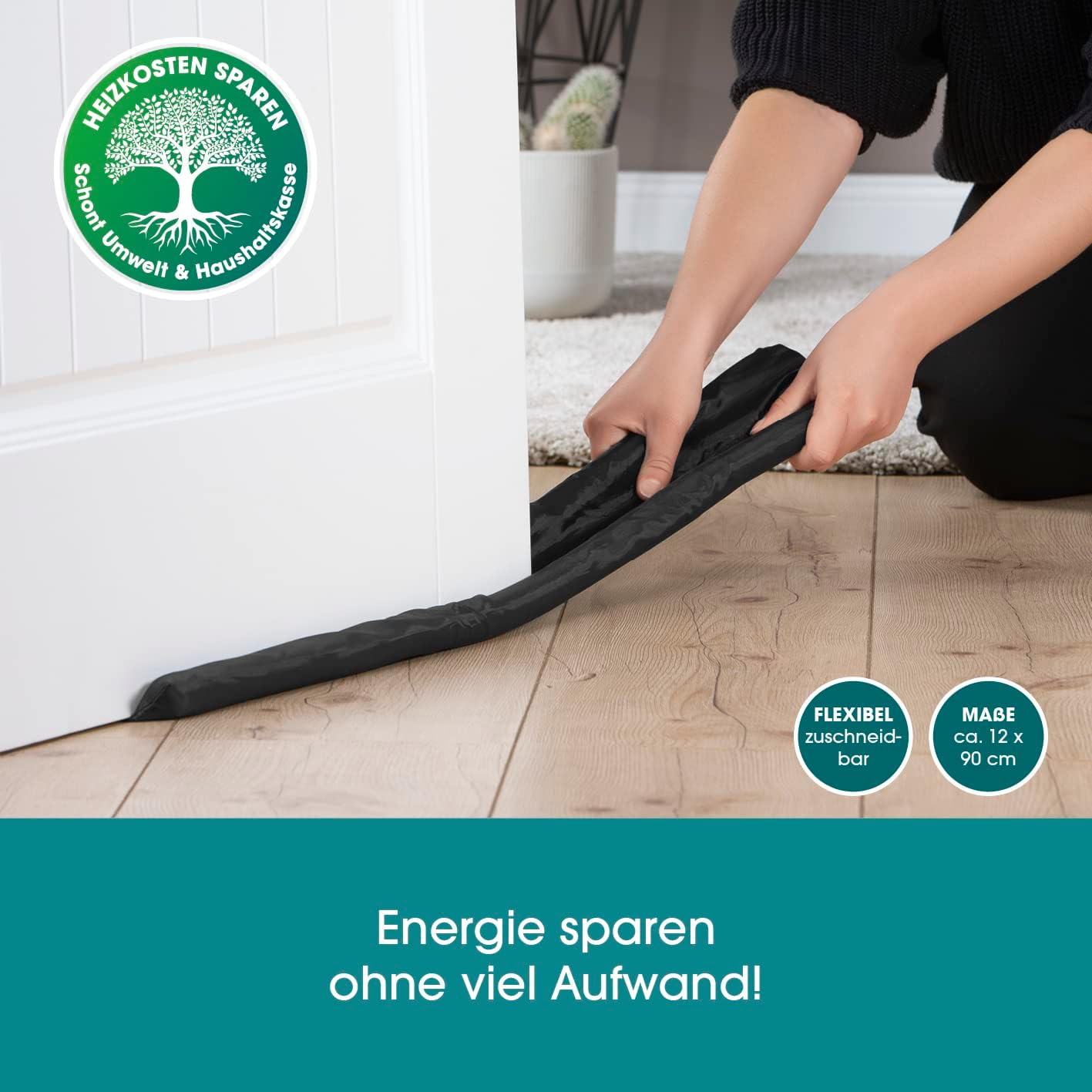 EASYmaxx Zugluftstopper doppelseitig 12 x 90cm | Türdichtung für maximale Isolierung | Für alle gängigen Türen geeignet | Individuell zuschneidbar | Stoppt Zugluft, Staub, Insekten [Schwarz] — Ansicht 3