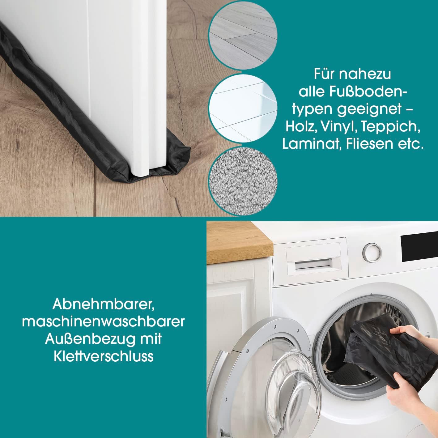 EASYmaxx Zugluftstopper doppelseitig 12 x 90cm | Türdichtung für maximale Isolierung | Für alle gängigen Türen geeignet | Individuell zuschneidbar | Stoppt Zugluft, Staub, Insekten [Schwarz] — Ansicht 4